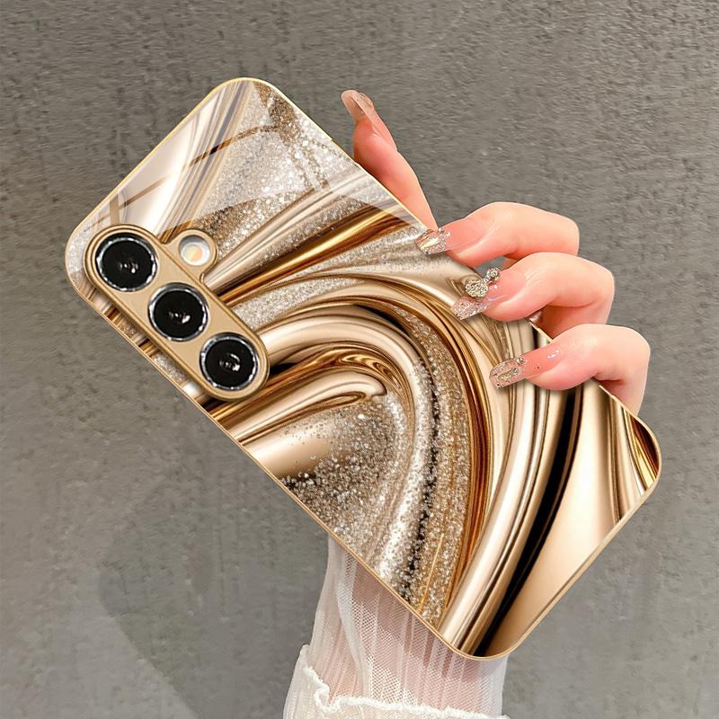Gold Fluid Pattern 2D Phone Case for Samsung S26 S25 S24 S23 S22 S21 S20 A56 A36 A16 - Golden Glass Protective Cover
