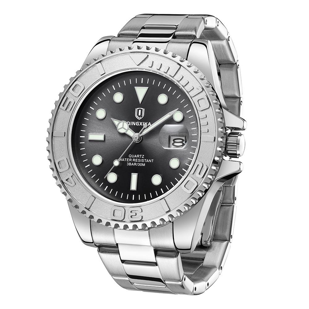 Qingxiya Men's Waterproof Quartz Sports Watch with Stainless Steel Strap and Luminous Calendar