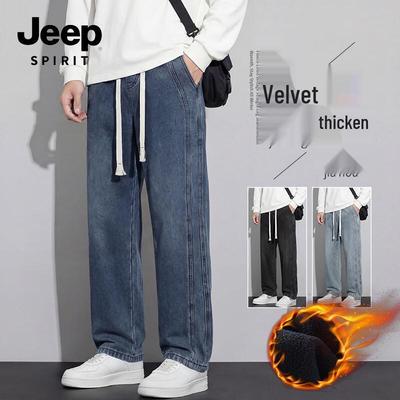 JEEP SPIRIT Men's Winter Fleece-Lined Loose Straight-Leg Jeans