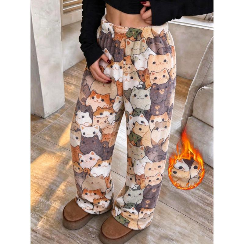New autumn and winter cute cartoon pattern warm flannel women's sleeping pants, loose and comfortable women's sleeping pants