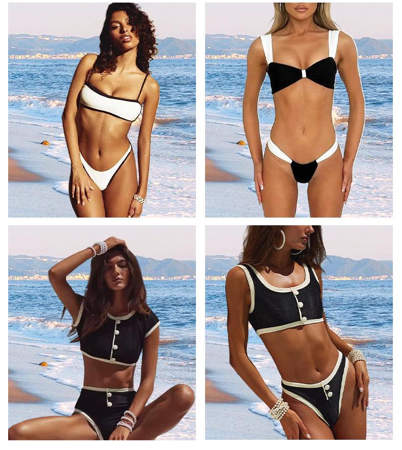 European & American Plus Size Women's Black and White Colorblock One-Piece Swimsuit - Sexy Cross-Border Triangle Bikini.