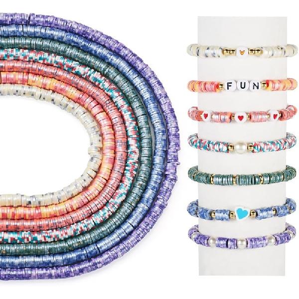 Pandahall 7 Strands 6mm Flat Polymer Clay Beads Speckled Vinyl Heishi Beads 7 Colors Pearlized Colorful Disc Clay Spacer Beads for Friendship