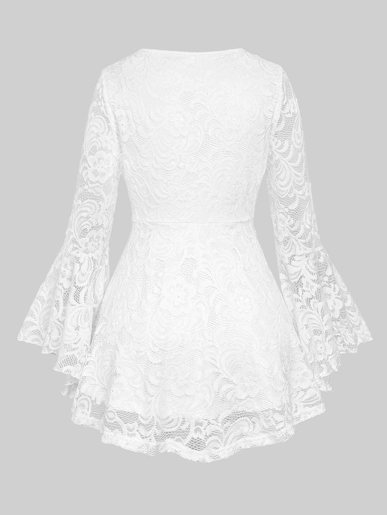 Rosegal Gothic Floral Lace Overlay Cinched Ruched Flare Sleeves Lace-up Grommet Corset T-shirt
