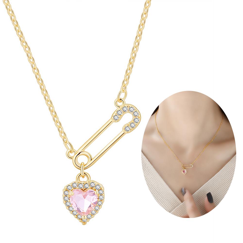 1PCS Niche Safety Pin Necklace With Pink Heart Charming Crystal Love Pendant Luxury Stainless Steel Chain Combination Jewelry