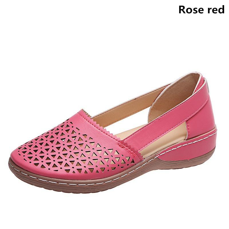Женские модные сандалии на танкетке, однотонные туфли на низком каблуке, повседневные сандалии больших размеров, дышащие кожаные сандалии с круглым носком, размер 35-43 43 розы красного