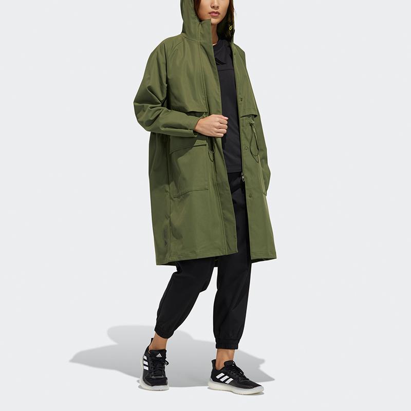 adidas Tech Long Hooded Jacket Fleece Lined Windbreaker Casual Outdoor Outerwear Women Military Green GP0632