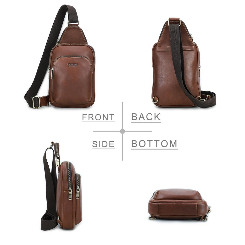 CONTACT'S  Genuine Leather Chest Bag Casual Crossbody Bag Travel Shoulder Backpack Men's Leather Multifunctional Bag