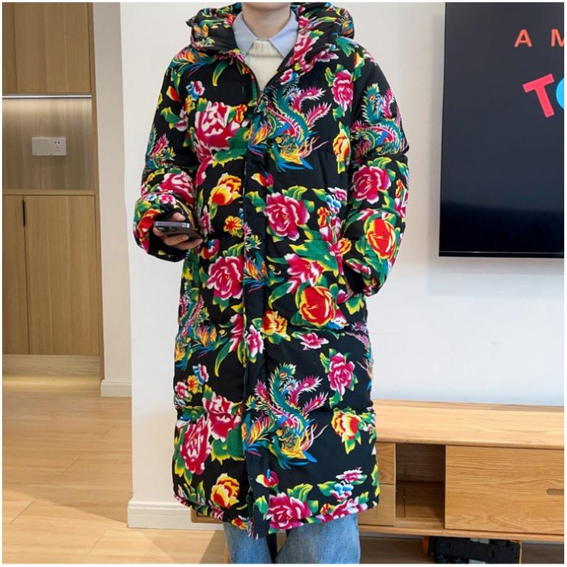Giacca Imbottita a Fiori Invernale Ispessita Calda Vestiti a Pane Giacca Imbottita Giacca con Cappuccio Nord-Est Fiore Grande Taglia Grande Lunga Moda Trendy Uomo