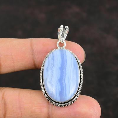 Blauer Spitzenachat Edelstein Anhänger Designerschmuck 925 Sterlingsilber Anhänger Handgefertigter Boho Schmuck Geburtssteinanhänger Für Mama Geschenke Für Ihn