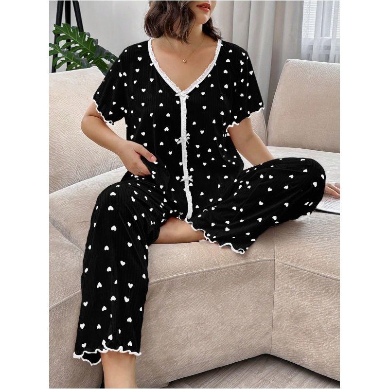 Plus Size Homewear Love Print V-neck Short Sleeve Trousers Can Be Worn Outside Plus Size Home Dressing