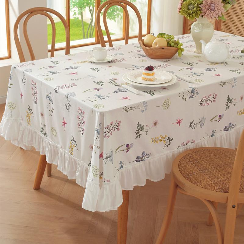Cotton Printed Small Fresh Green Plant Flowers Leaves Lotus Leaves Edge Fungus Edge Fringed Coffee Table Tablecloth Dining Table Cloth