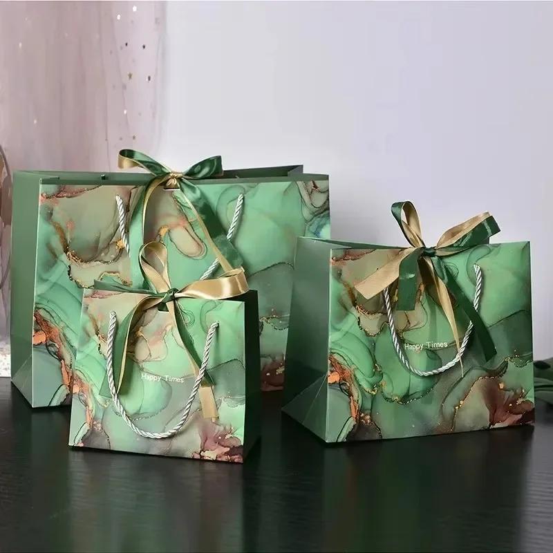 Large Marble Tote Bag with Green Gold Ribbon Bow Durable Storage Shopping Bag for Wedding Birthday Party Bridesmaid Gift Use