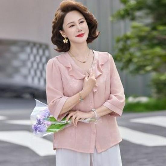 2026 Stylish Chiffon Lapel Shirt - Versatile Seven-Sleeve Top for Middle-Aged and Elderly Women, Perfect for Spring/Summer 2XL розовый