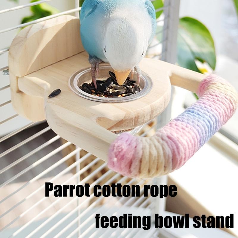 Natural Wood Parrot Stand Multifunctional Feeding Accessory Includes Feeding Bowl For Conures Lovebirds Finches