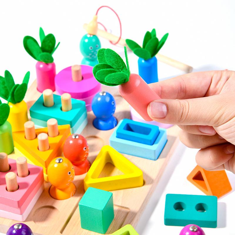 Wooden Geometric Matching Board Children's Educational Early Education Hand-Eye Coordination Pulling Radish Magnetic Fishing Set Post Toy