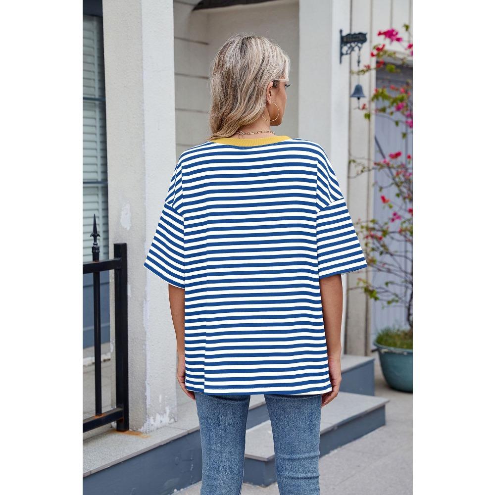 Frühling und Sommer Neues Damen Gestreiftes Kontrast-Lose Kurzarm-T-Shirt