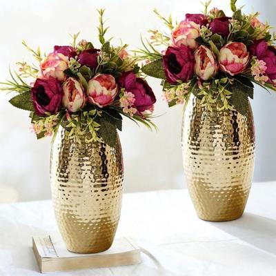 Metal Hammered Golden Vase Set of - Set of 2 | Hammered Metal Flower Vase In Golden