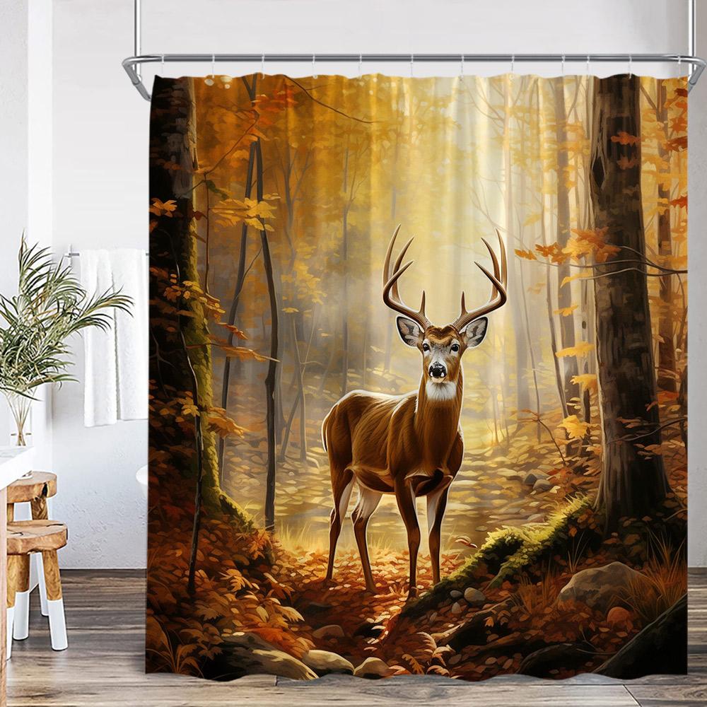 Herbstwald Duschvorhang Hirsch Hochlandrind Tiger Wildtier Natur Herbstlandschaft Badezimmerdekoration Polyester Duschvorhang