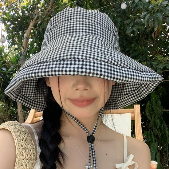 Women's Korean Style Plaid Fisherman Hat - Large Brim, UV Protection, Foldable for Spring & Summer