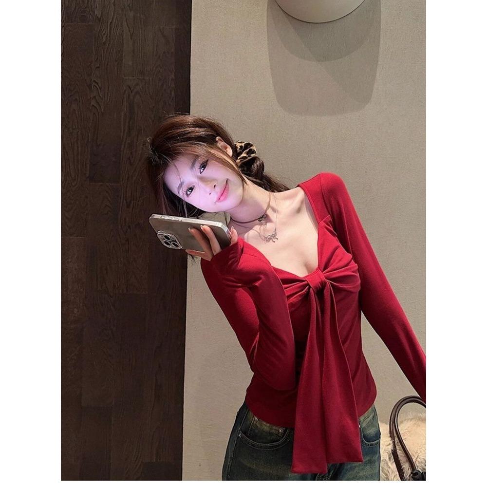 Tričko s mašlí, výstřih do V, dlouhý rukáv, jaro a podzim, nové, slim-fit, tenký základní top