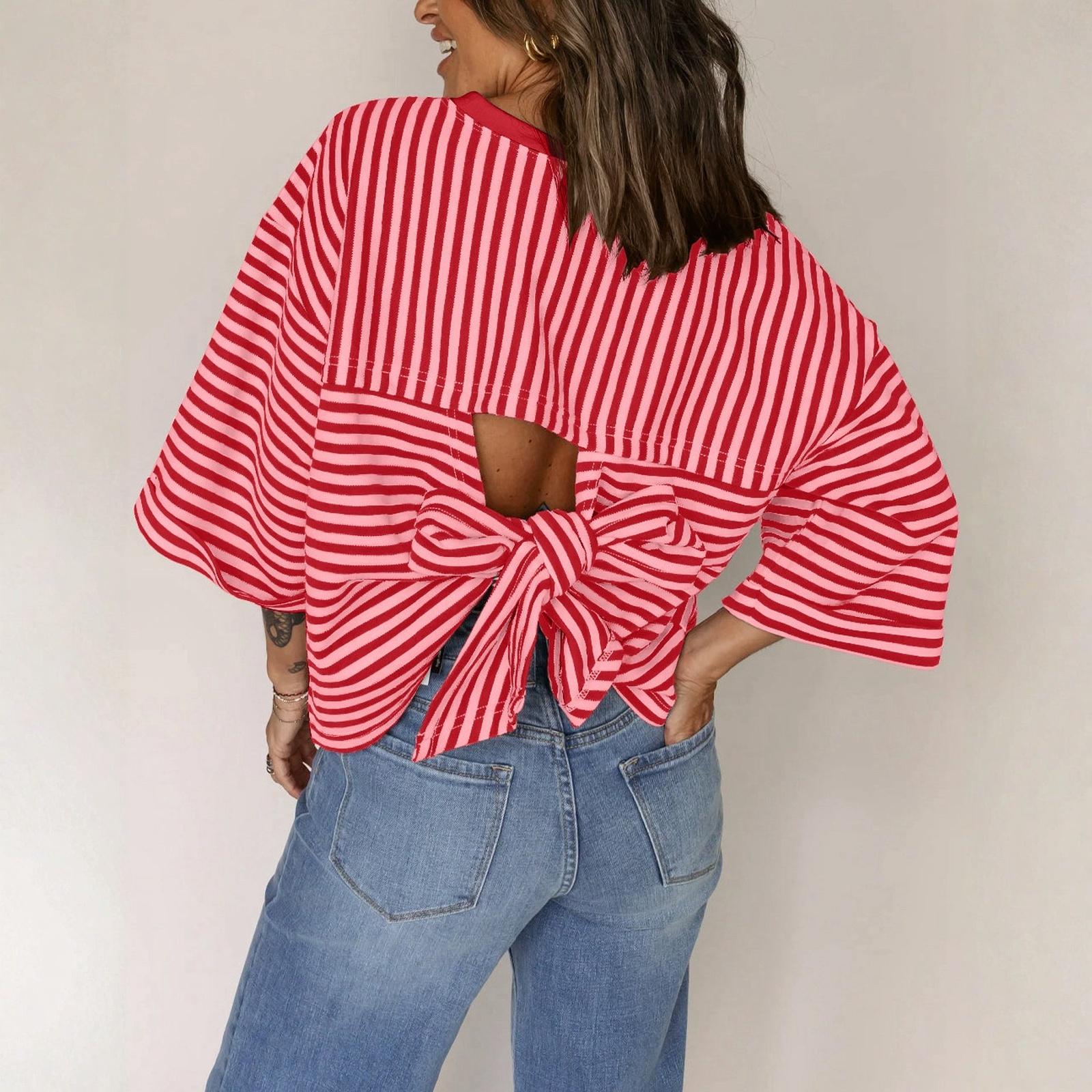 

Women s Fashionable Round Neck Striped Back Tie Bow Pullover T,shirt Top XL червоний
