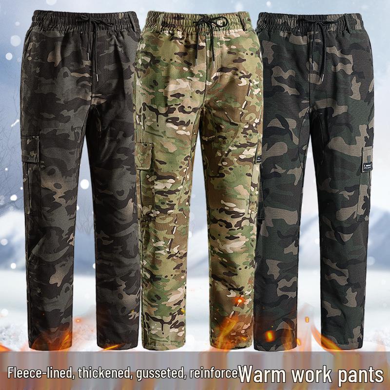 Men's Fleece-Lined Camouflage Pants: Thick Straight-Leg, Versatile, Wear-Resistant, and Loose-Fit Casual Workwear.
