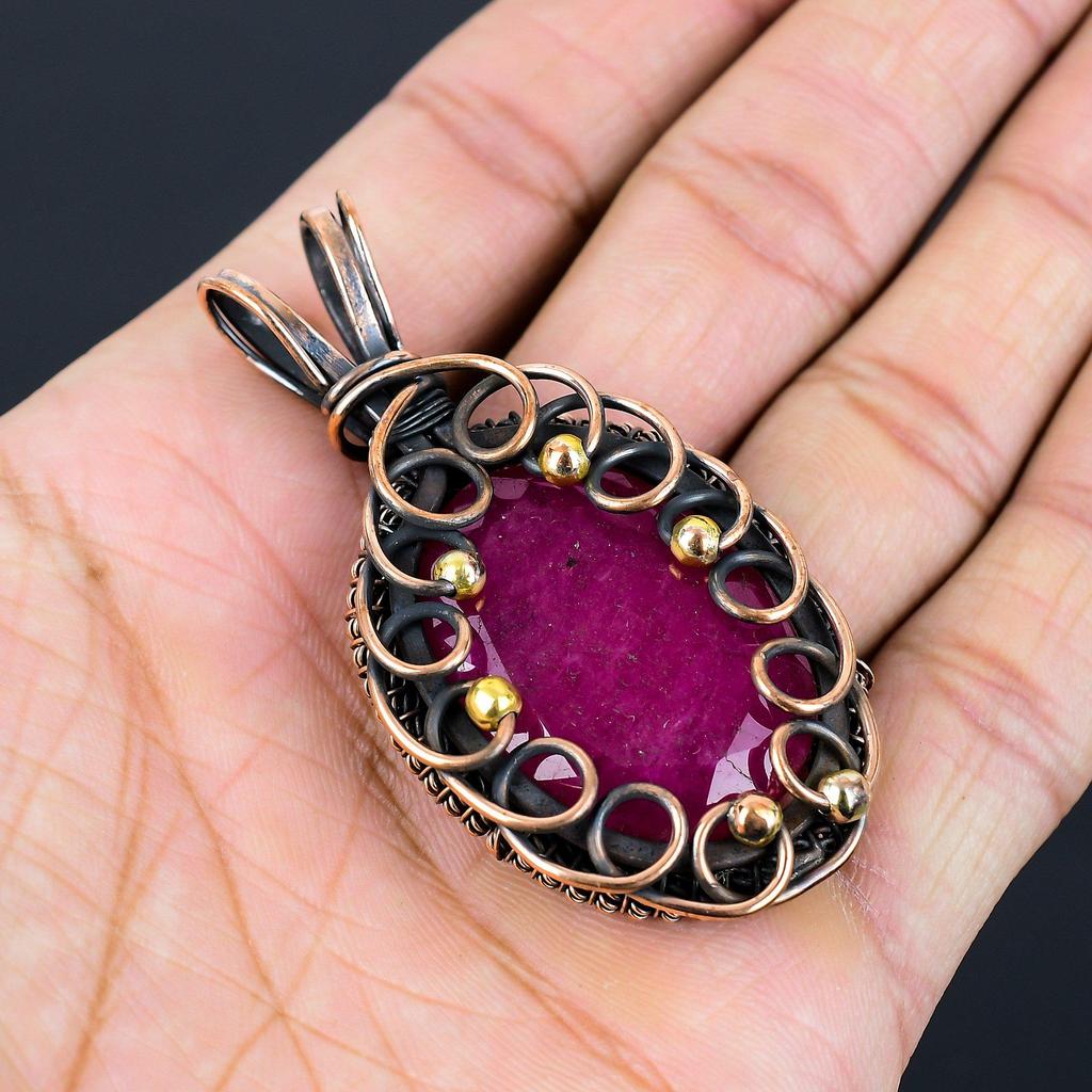 Kashmiri Red Ruby Gemstone Pure Copper Wire Wrapped Handmade Jewelry Pendant