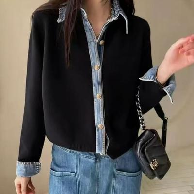 Japan and South Korea 2026 Autumn and Winter Splicing Denim Polo Neck Knitted Cardigan Loose Casual Sweater Jacket Trendy Temperament Elegant