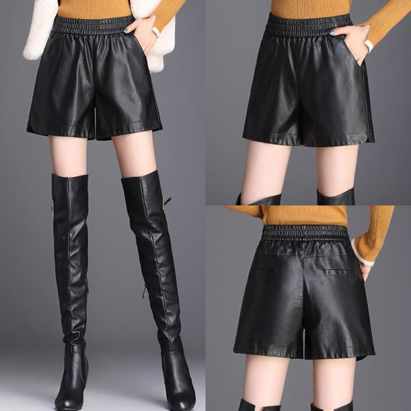 2026 New Women's PU Leather Wide-Leg Shorts, Elastic Waist & Slimming Base Layer, Plus Size Bootcut Pants for Spring/Autumn.