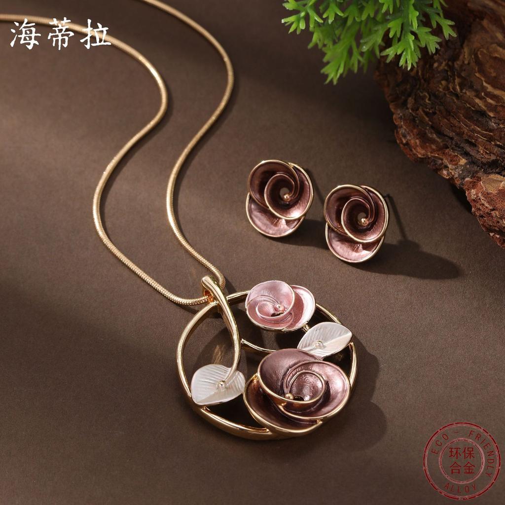 New Enamel Color Hollow Geometric Rose Stud Earrings Pendant Set Women's Fashion Rose Necklace