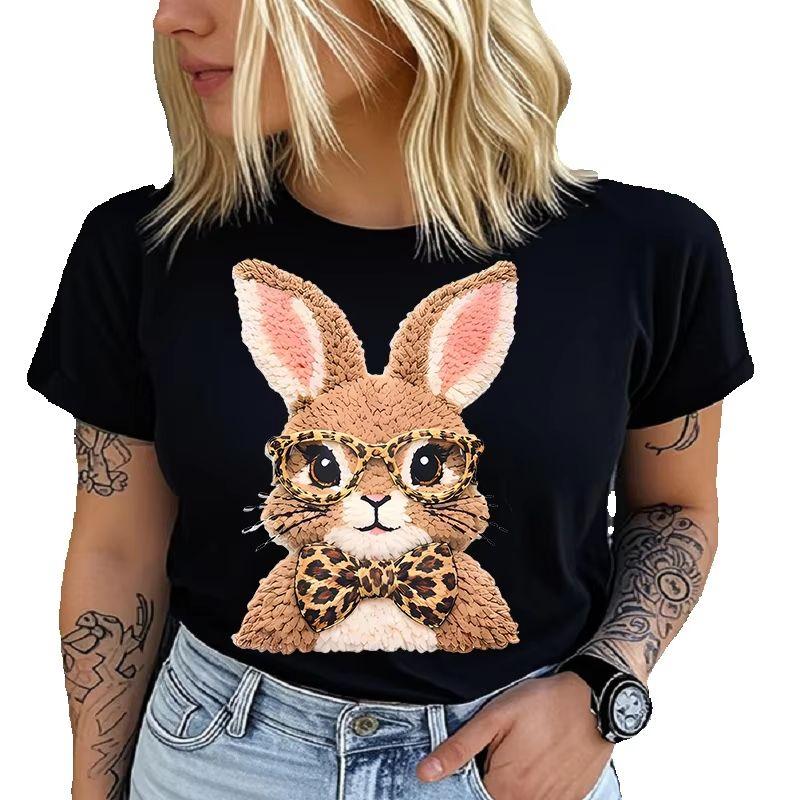 Women's Polyester 100% Cute rabbit Print Base T-shirt Loose round Neck Casual Short Sleeve Fashion Top Wholesale Clothing Summer