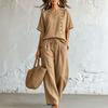 Damen Kurzarm-Oberteil mit Knopfleiste und Hose mit Kordelzug, Zweiteiler, Lässiges lockeres Outfit in Unifarbe