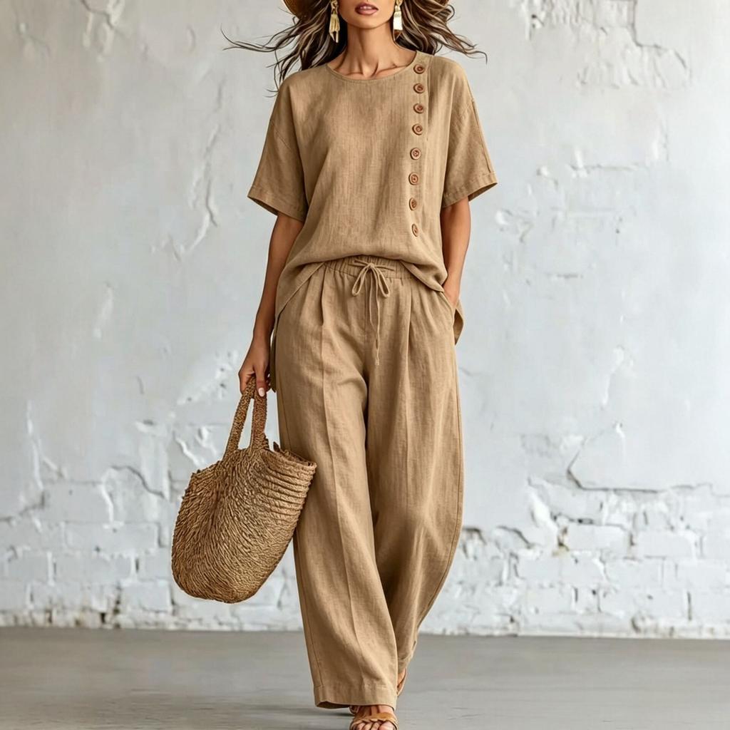 Damen Kurzarm-Oberteil mit Knopfleiste und Hose mit Kordelzug, Zweiteiler, Lässiges lockeres Outfit in Unifarbe