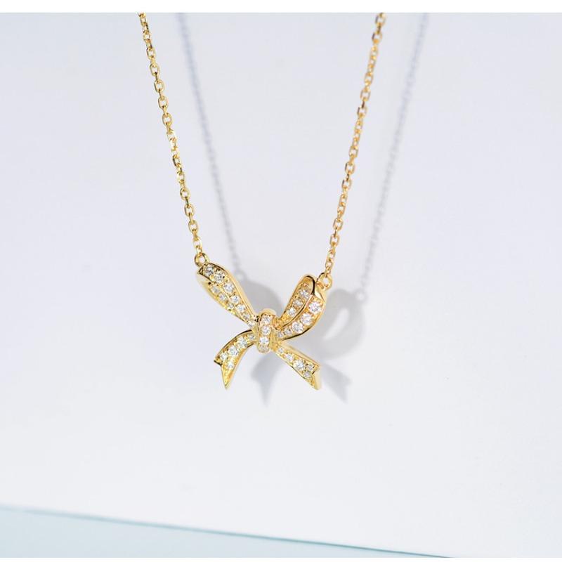 Korean Necklace for Women Japanese and Korean Version Simple and Fashionable Diamond Inlaid Bow Pendant Chain Temperament Collarbone Chain