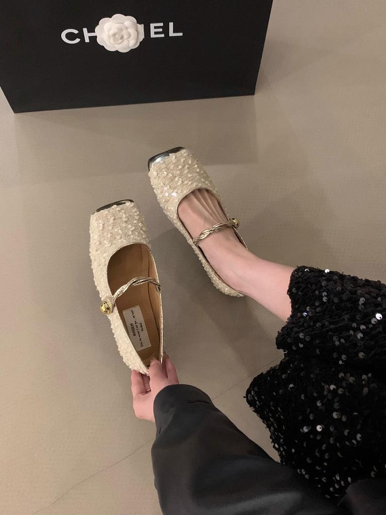 Niche high-end sequins Mary Jane single shoes women's shoes 2025 new spring flat-bottomed French temperament evening shoes