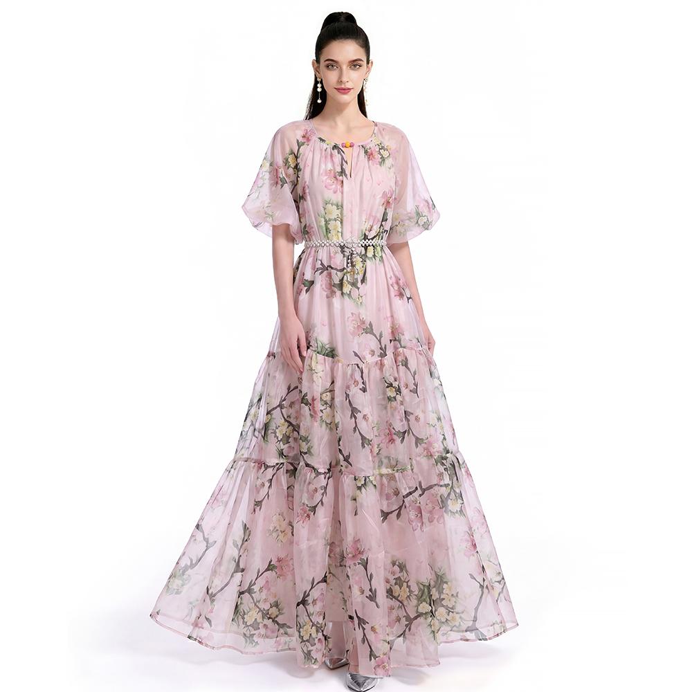 Summer Holiday Vacation Flower Print Long Maxi Dress Bohemian O-neck Short Sleeve High Waisted Chiffon Party Dresses Casual Robe