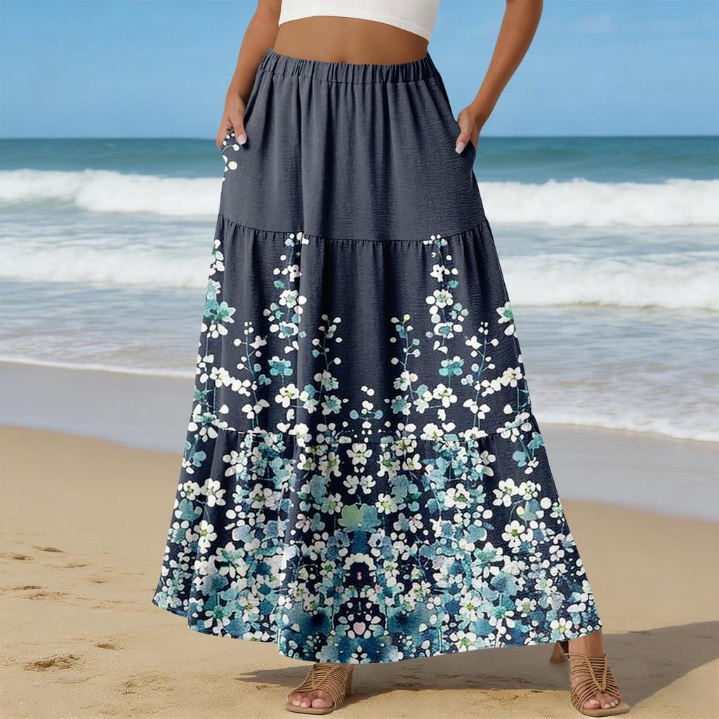 Women's Casual High Waist Drawstring A-line Skirt Color Skirt With Pockets