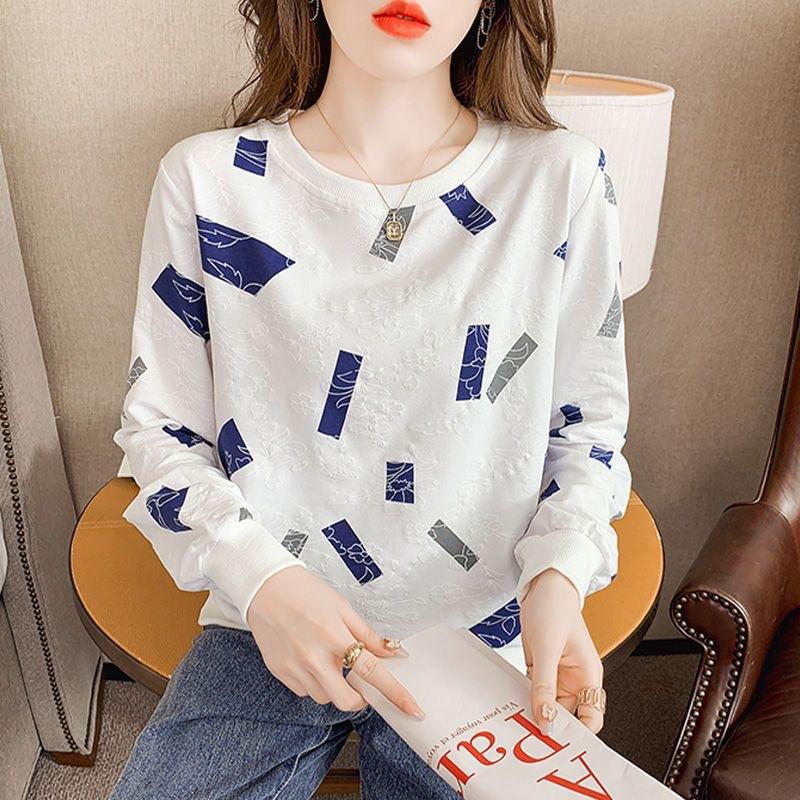 White Sweatshirt for Women, Round Neck, Cotton Long Sleeve T-Shirt, New Spring and Autumn Thin Large Size Loose Base Shirt Top Trendy