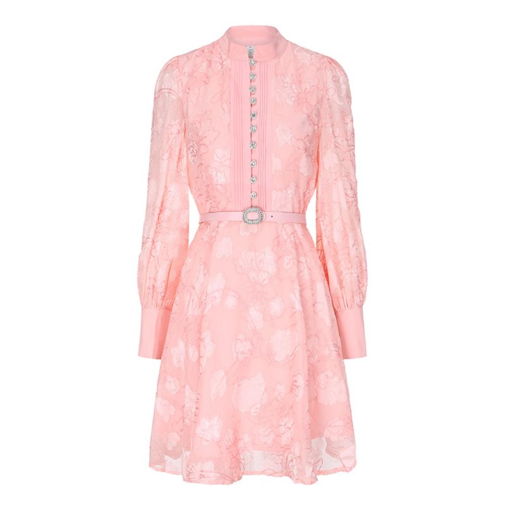 2026 Spring/Summer New Arrival Long Lantern Sleeve Short Dress for Women Vintage 3D Floral Jacquard Single-breasted Slim A-line Mini Dress