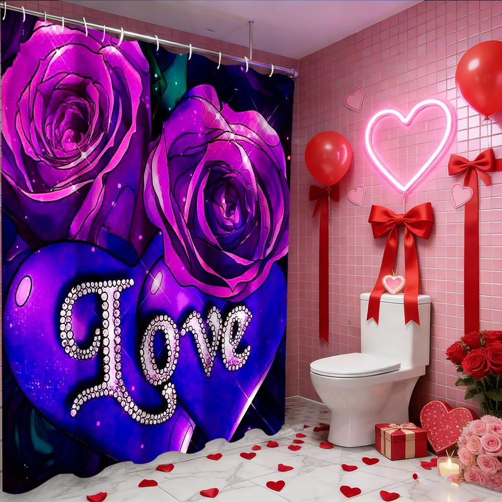 Zasłona prysznicowa Walentynkowa Serce Miłości Róża, wodoodporna zasłona do łazienki z 12 haczykami, dekoracja domu w kształcie ryby