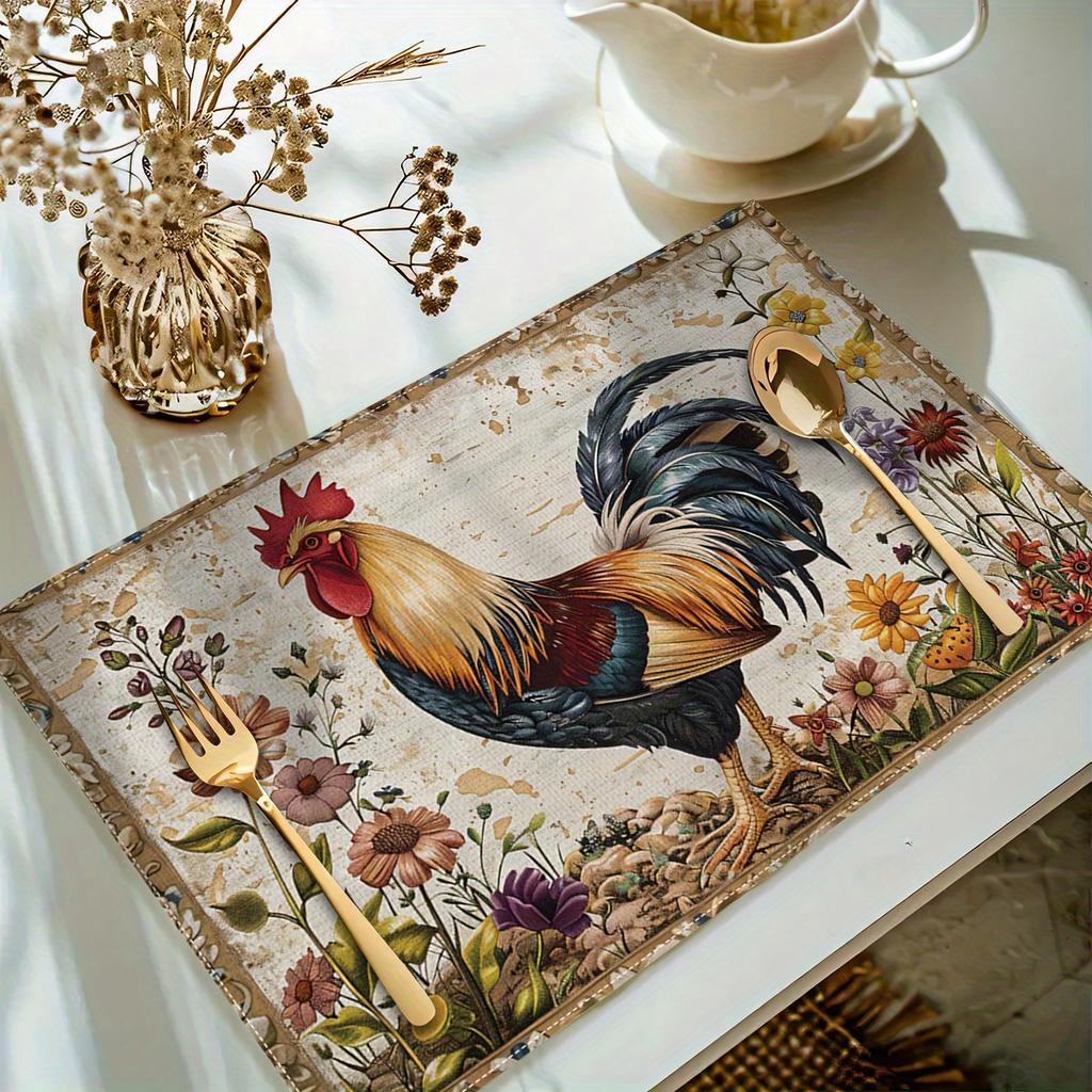 4/6Farmhouse Rooster Placemats Rustic Chicken Imitation Placemat Farm Heat Resistant Dining Place Mats Country Vintage Florals Table Mat