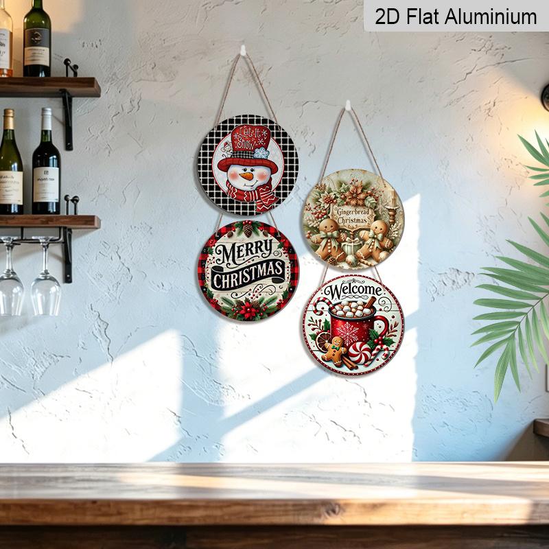 2D Flat, 4pcs Round Aluminum Hanging Sign Set, Vintage Warm Xmas Metal Door Plaque Combo, Farmhouse Porch Yard Balcony Kitchen Home Xmas Wall Decor