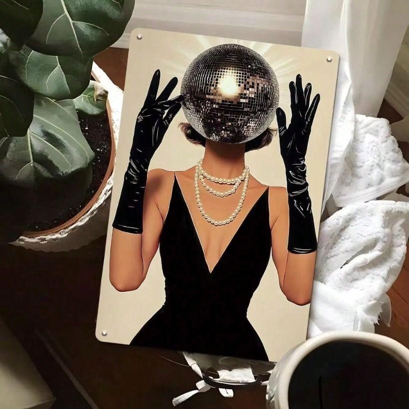 Vintage Retro Metallposter Disco Girl Tanzt Discokugel Wandkunst Heimdekoration