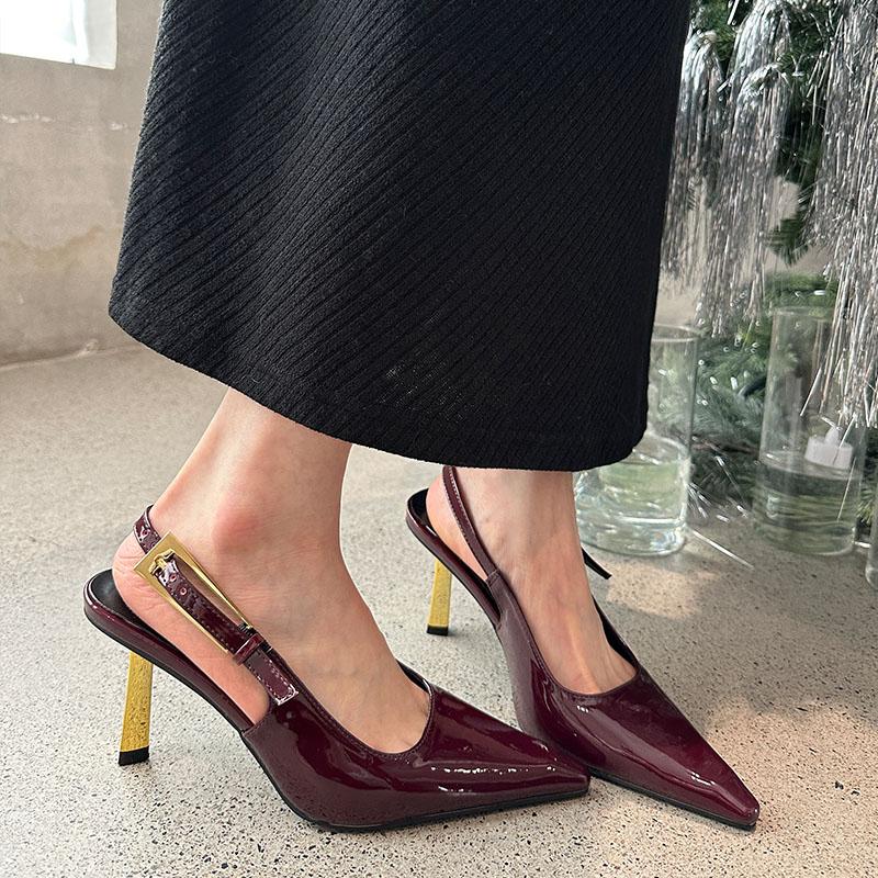 Mode Mode Metallabsätze Damen Pumps Schuhe Spitze Zehenpartie Damen Slingbacks Schnallenriemen Schuhe Partykleid Damen High Heels Schuhe
