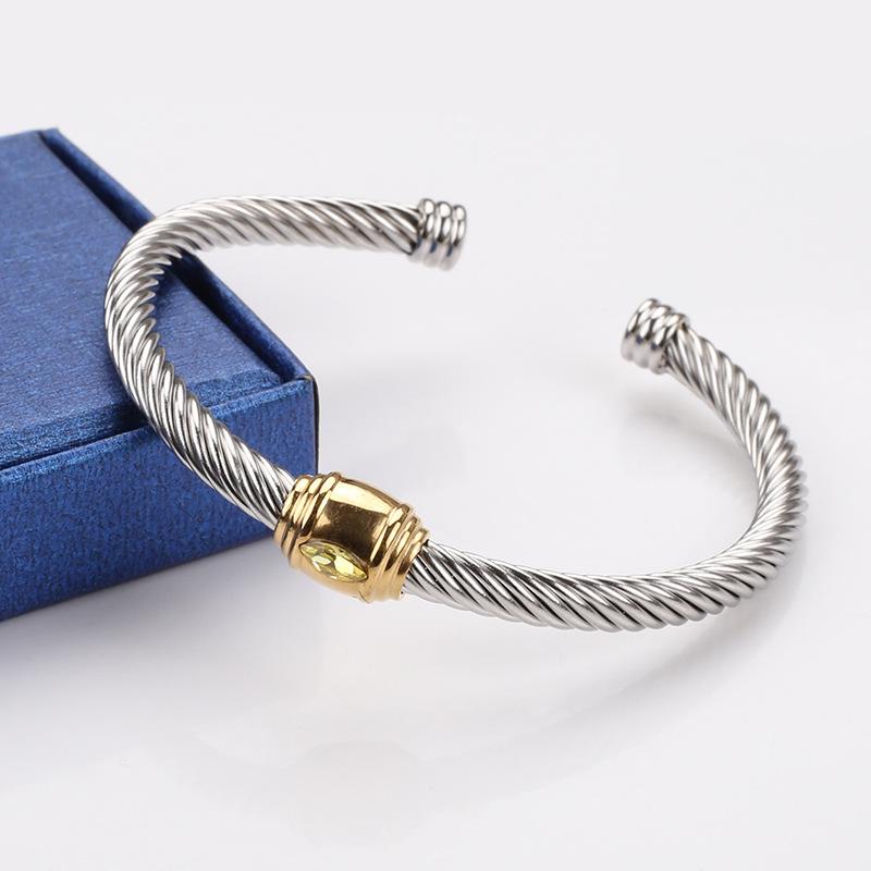 18K Gold Non-Fading Zircon Inlaid Titanium Steel Twist Open Bracelet