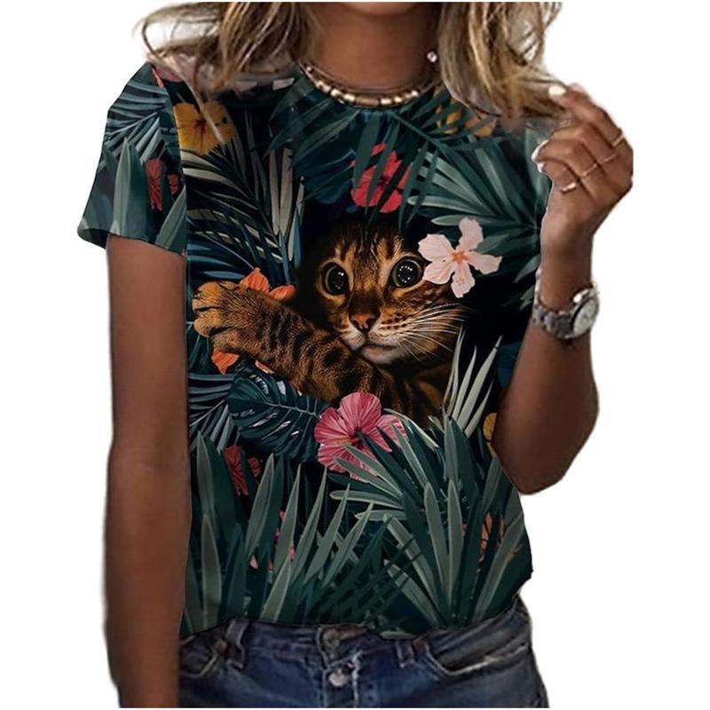 Animal Series Digital 3D Printed Men's Women's Short Sleeved T-shirt Cute Cat Round Neck Base Top