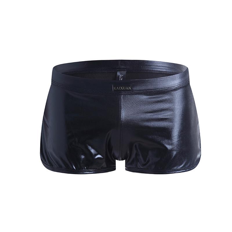 Sexy Men Boxers Shorts Low Waist Male Panties Legs Slit Underpants Imitation Leather Exotic Stage Show Night Club Gay Underwear