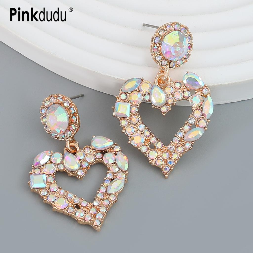 Pinkdudu Fashion 3 Color Rhinestone Heart Drop Earrings Romantic Luxury Multicolor Zircon Love Earring for Women Jewelry PD1323