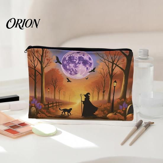 Heavy-duty Canvas Pouch Storage Bag, with Smooth Zipper, Thickened Polyester Large Capacity Thick Bag Cosmetic Halloween Witch Pumpkin Pattern Printed