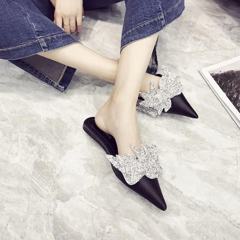 Fashion Sequins Women's Slippers and Ladies Sandals Pointed Toe Shoes Designer Luxury Shoe Wholesale Chic Elegant Low Price Pvc Slides